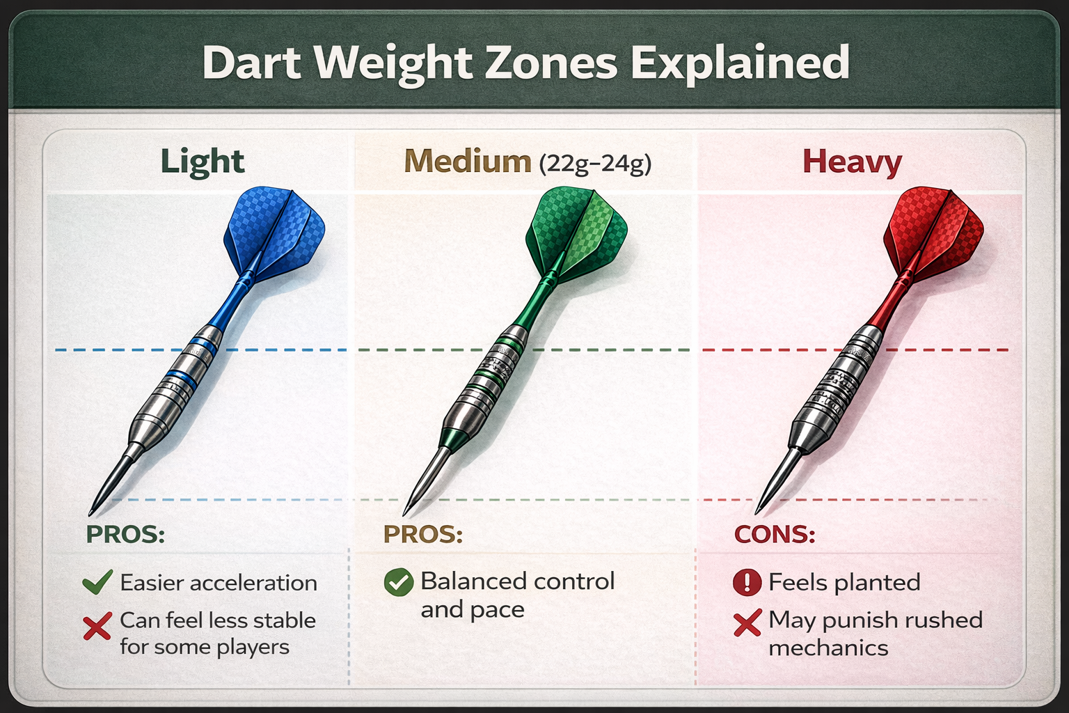 Infographic comparing darts weight zones with light, medium (22g to 24g), and heavy options, including practical handling pros and trade-offs.