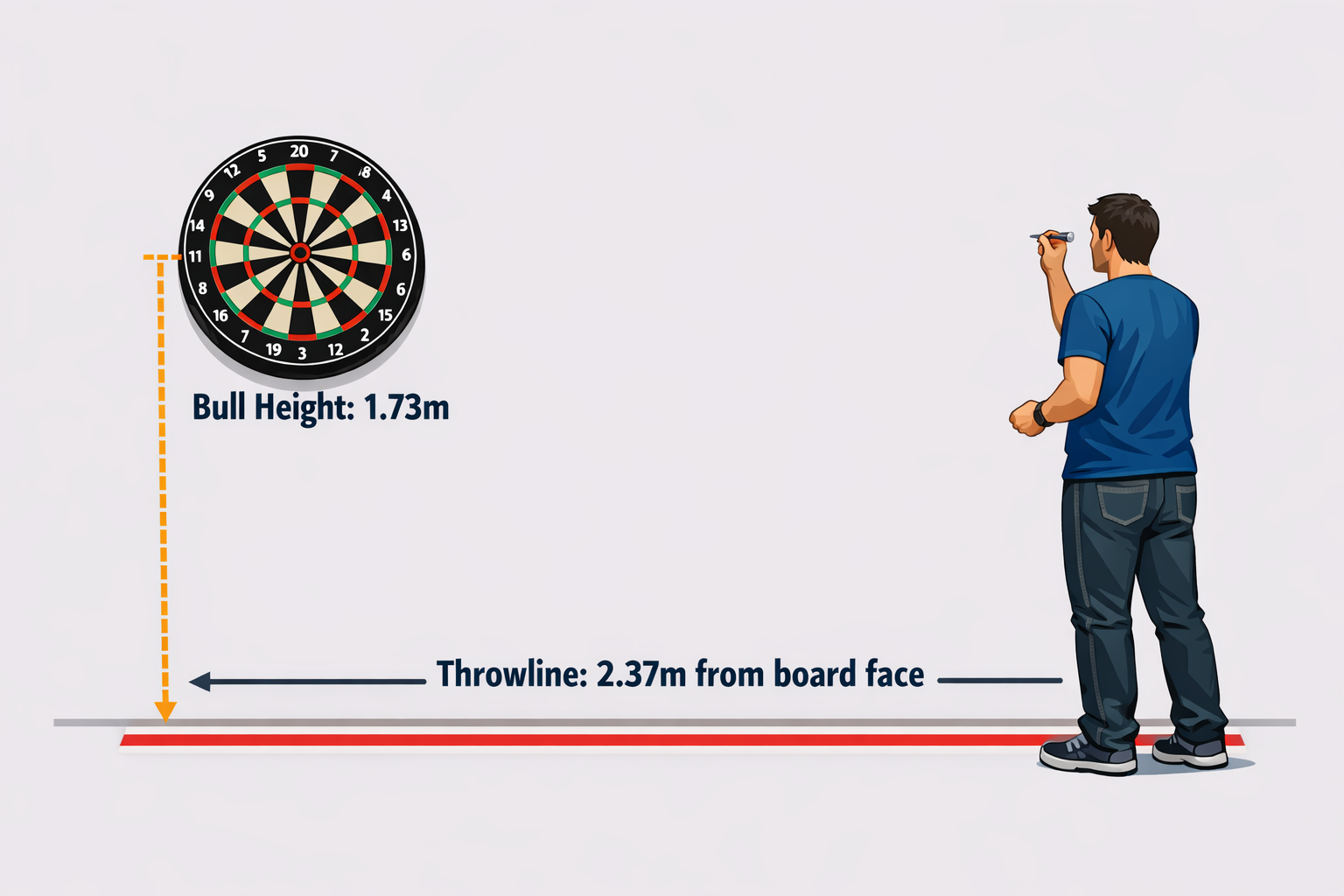 Darts setup diagram showing a bull height of 1.73m and a throwline at 2.37m from the board face.