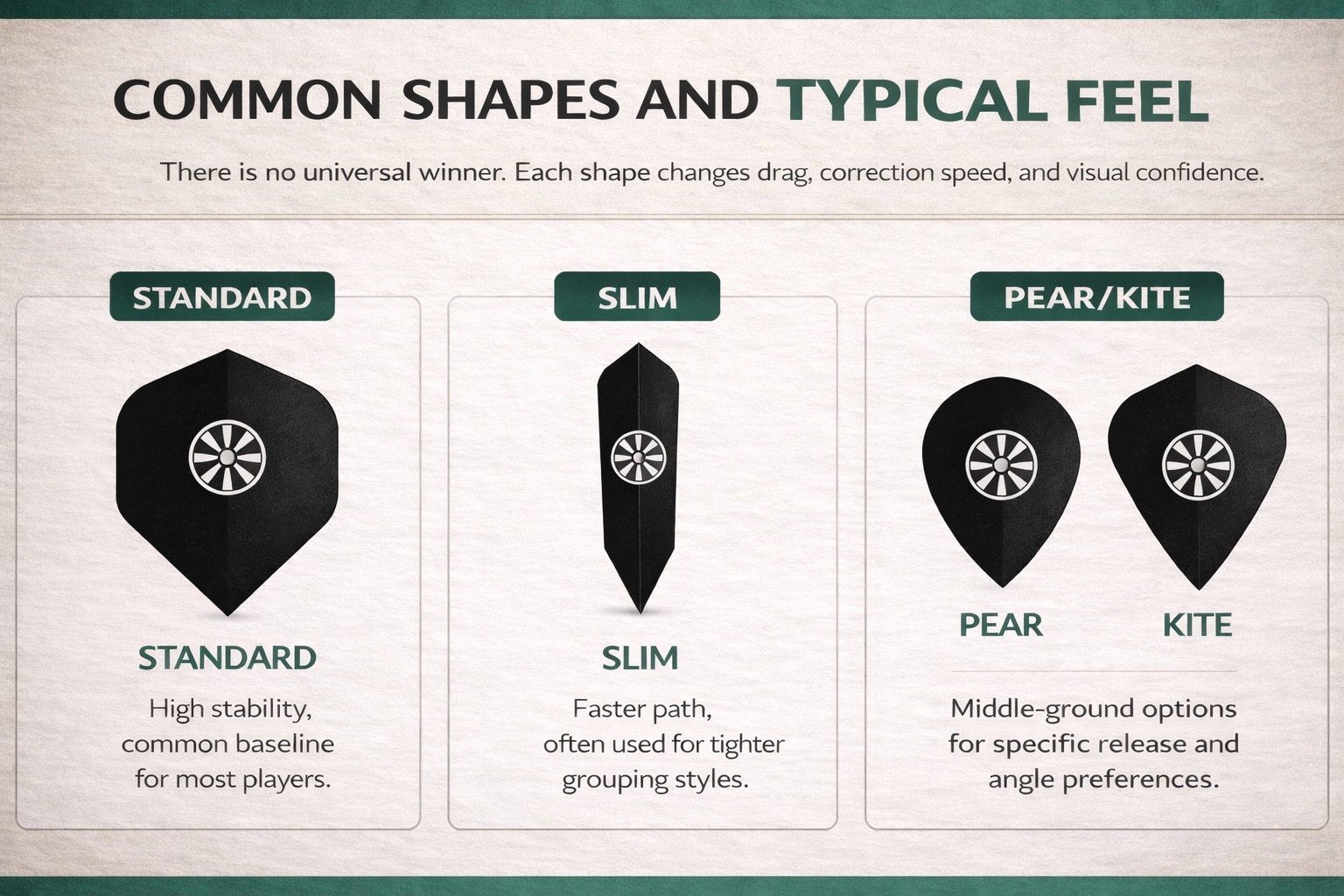 Dart flight shapes comparison chart: standard, slim, pear, and kite flights with practical effects on drag, correction speed, and grouping confidence.