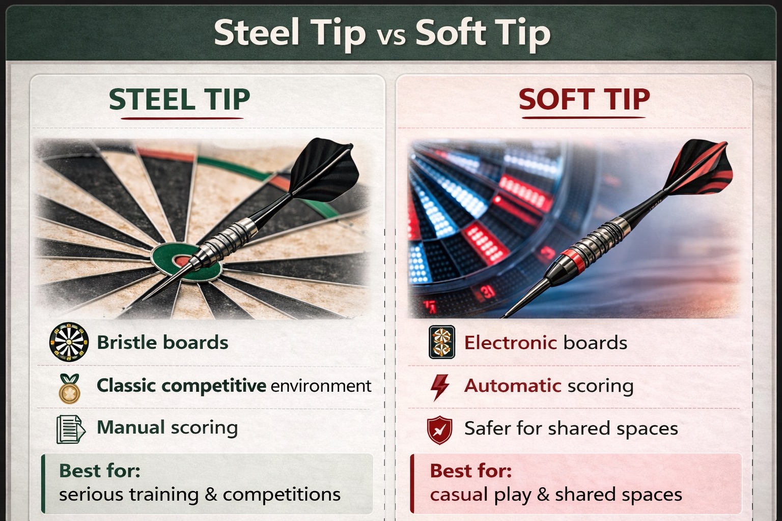 Infographic comparing steel tip and soft tip darts, including board type, scoring style, safety context, and best-use scenarios.